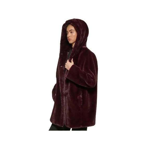 DKNY Women’s hoodies Faux Fur Coat -Deep Plum - Picture 3 of 10